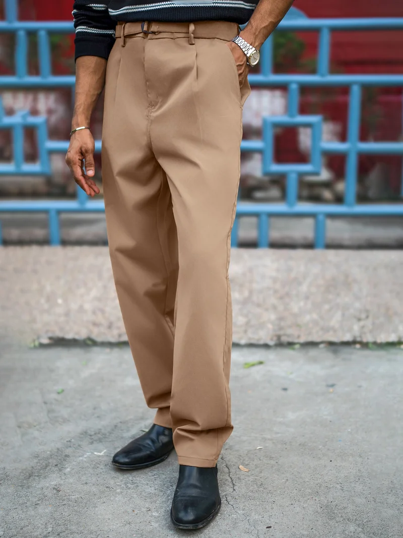 Maniac  Maniac Mens Solid Dark Beige Belted Cotton Blend Trouser for Men | Best Price UAE